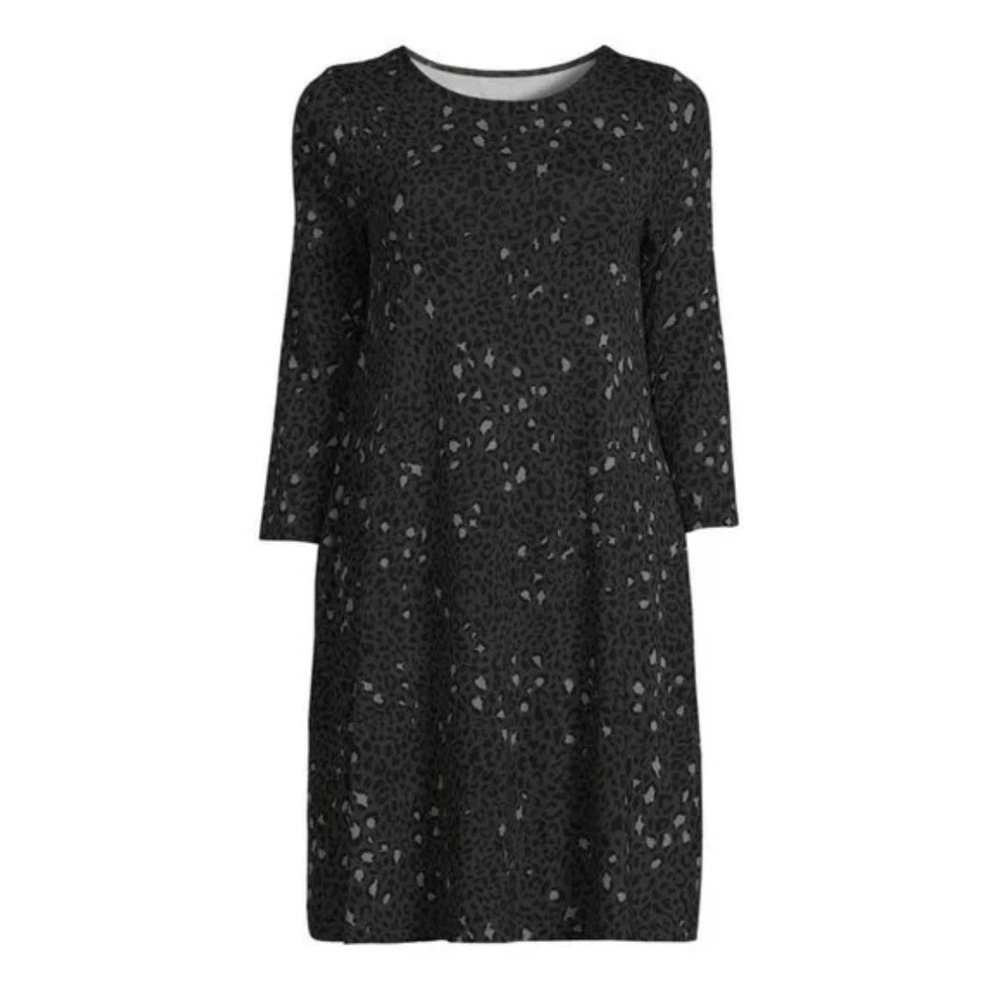 Time and Tru Womens XL Leopard Swing Dress Charcoal Grey Pockets Jersey Knit